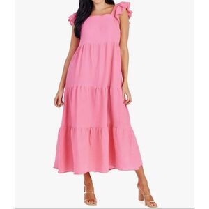 Mud Pie Womens Pink Martha Ruffle Sleeve Tiered Midi Dress Sz Lg